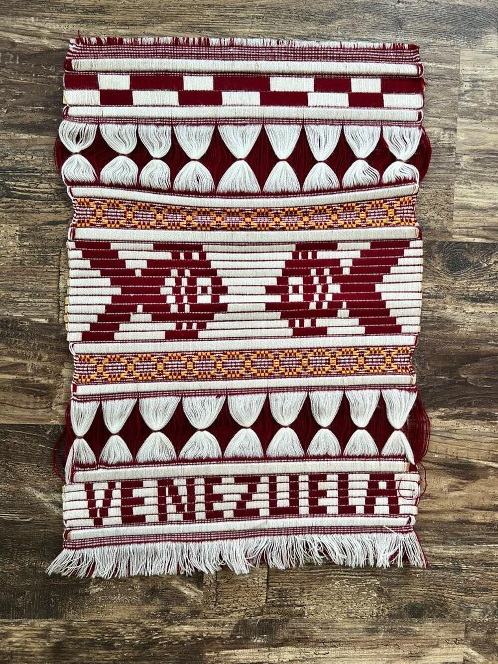 Vintage Woven Textile Wall Hanging, Red Cream Geometric Folk Art Venezuela